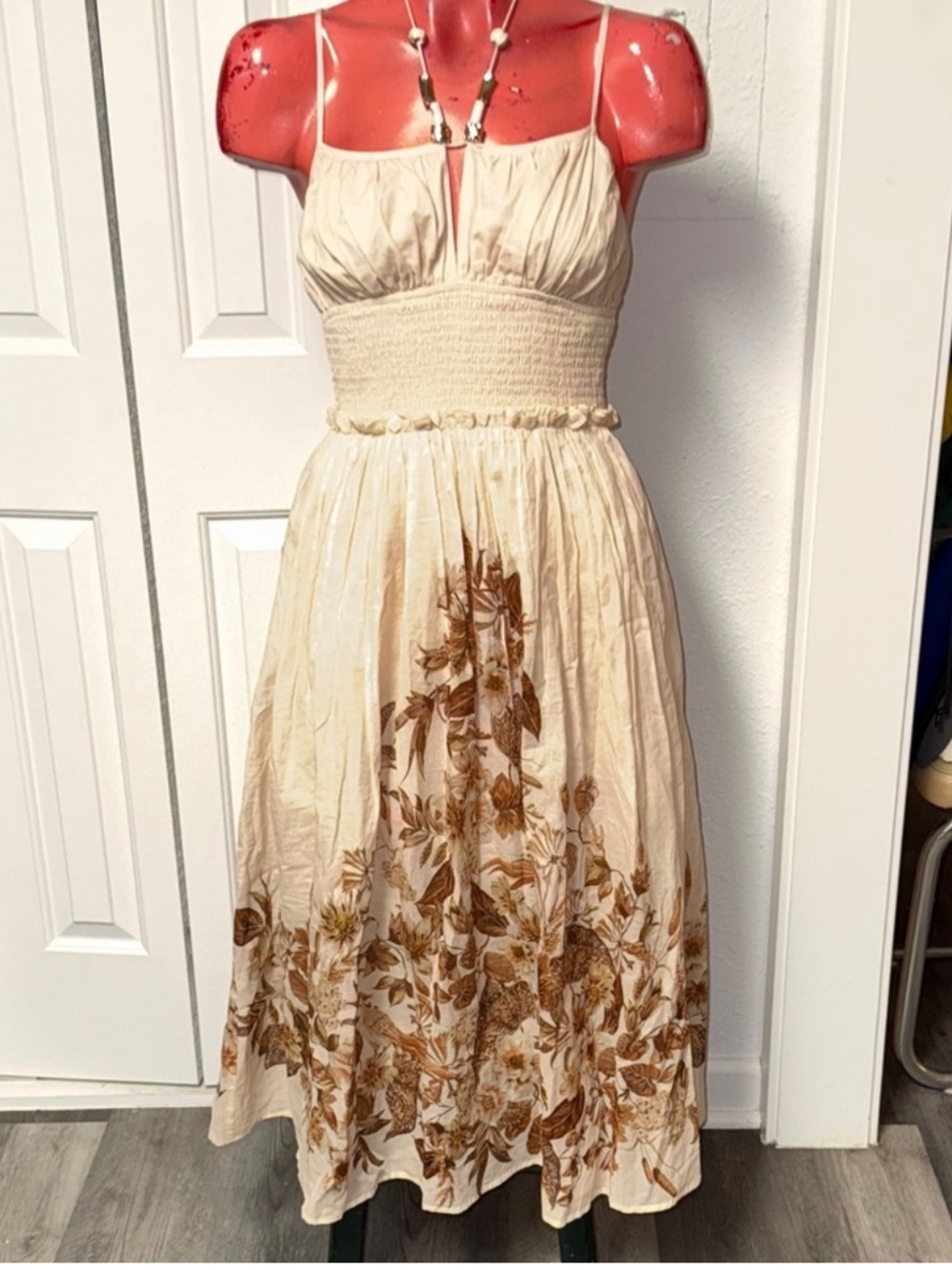 Camila Coelho Cream Midi Dress with Brown Floral Print